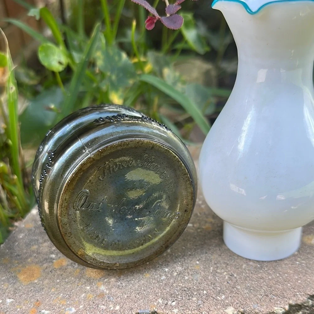 Vintage Three Star brand Glass Oil Lamp with White and Blue Accents
